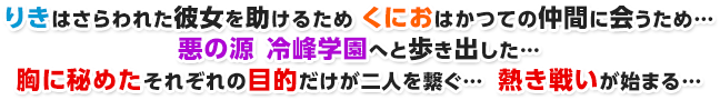 りきはさらわれた彼女を助けるため くにおはかつての仲間に会うため…　悪の源 冷峰学園へと歩き出した… 胸に秘めたそれぞれの目的だけが二人を繋ぐ… 熱き戦いが始まる…