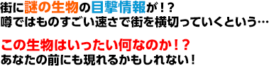 街に謎の生物の目撃情報が！？噂ではものすごい速さで街を横切っていくという…この生物はいったい何なのか！？あなたの前にも現れるかもしれない！