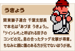 うきょう 関東獅子連合 千葉支部長で本名は「あづま うきょう」。「ツインレオ」と呼ばれる双子のコンビの兄。息の合ったタッグ攻撃が得意。ちなみに顔に傷のある方が兄でないほうが弟。