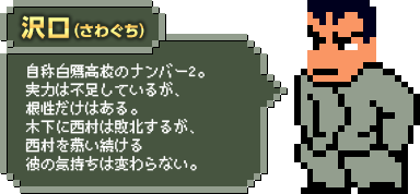 沢口（さわぐち）：自称白鷹高校のナンバー2。実力は不足しているが、根性だけはある。木下に西村は敗北するが、西村を慕い続ける彼の気持ちは変わらない。
