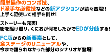 簡単操作のコンボ技、ド派手な必殺技などの新アクションが続々登場！！上手く駆使して相手を倒せ！ストーリーも充実！街を駆け巡り、くにおが何をしたかでEDが分岐する！FC版からの新要素として、全ステージのリニューアルや、今まで語られなかった部分のシナリオが登場！